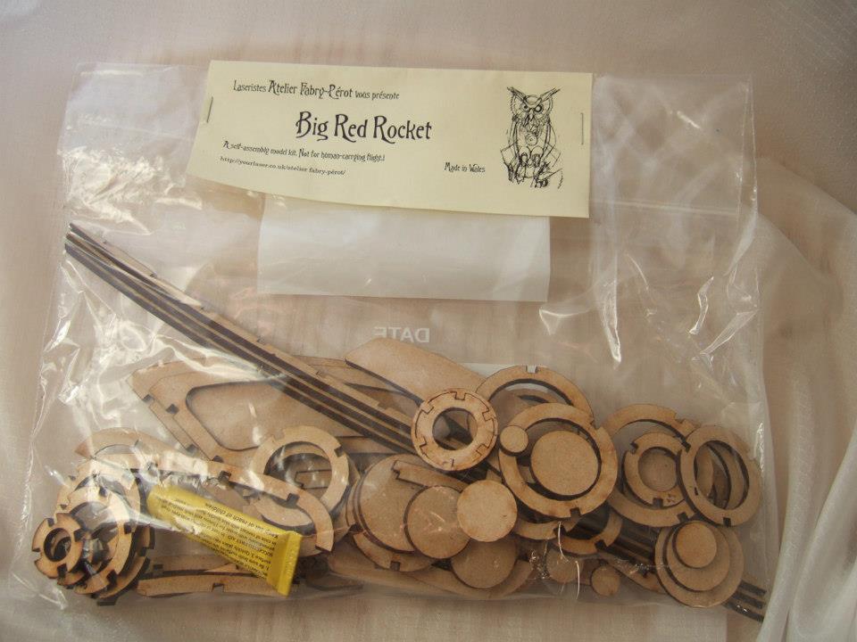 A bagged kit of laser-cut wooden parts